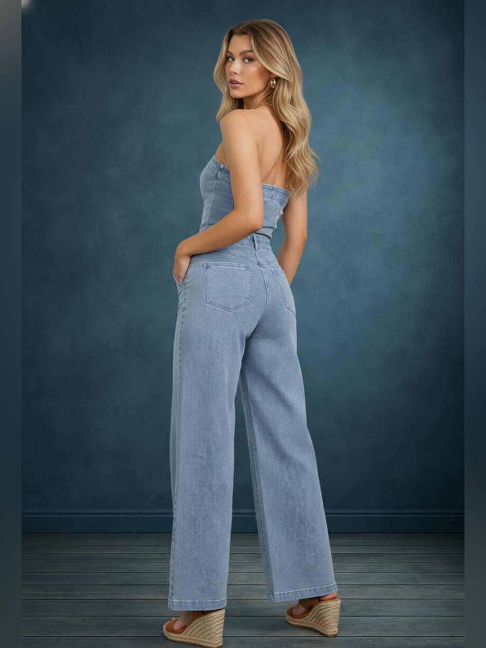 RODEO REBEL STRAPLESS STRETCH WIDE LEG POCKET DENIM JUMPSUIT - Picture 5 of 9